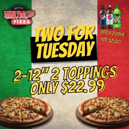Two 12" Pizzas, 2 Toppings.