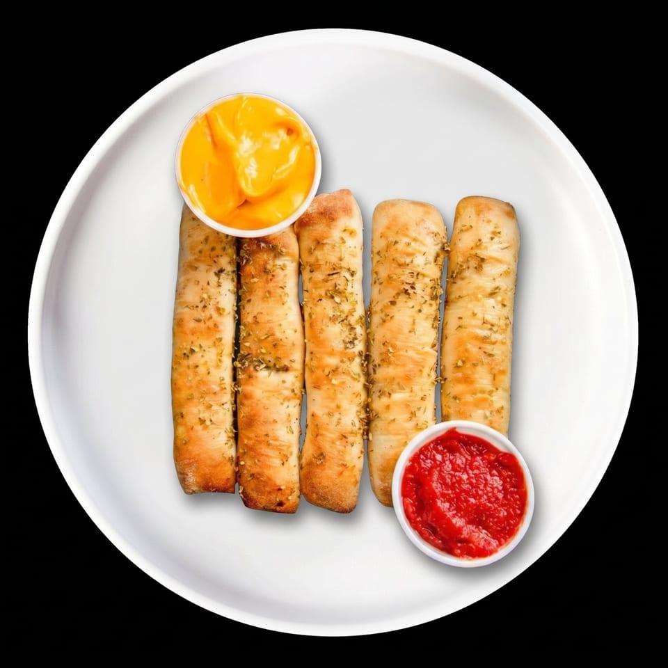 Five golden-brown breadsticks with herbs, served with red marinara and yellow cheese dipping sauces.