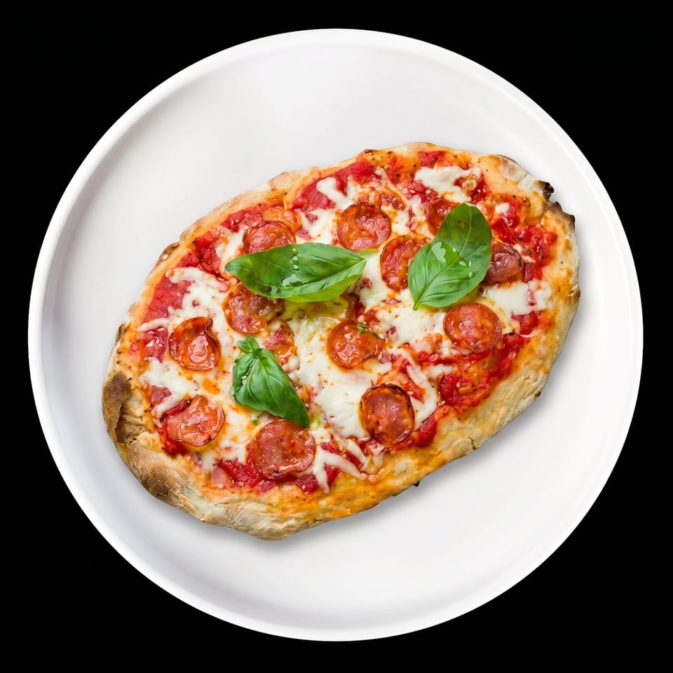 Oval pepperoni pizza with fresh basil leaves on a white plate.