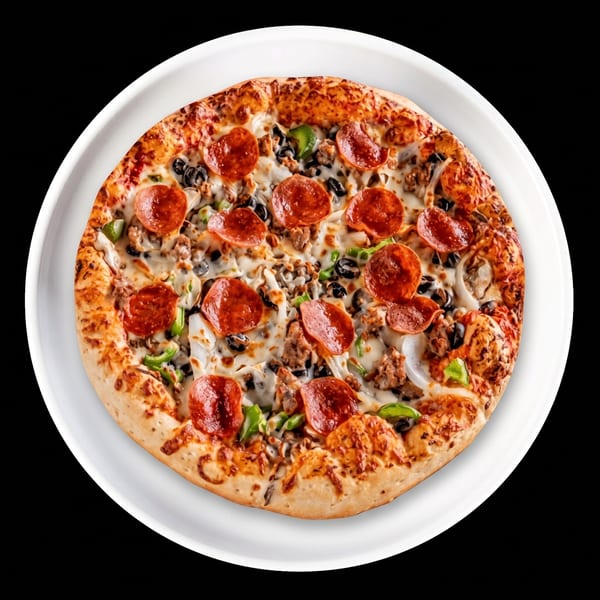 A whole supreme pizza with pepperoni, sausage, olives, onions, and green peppers on a white plate.