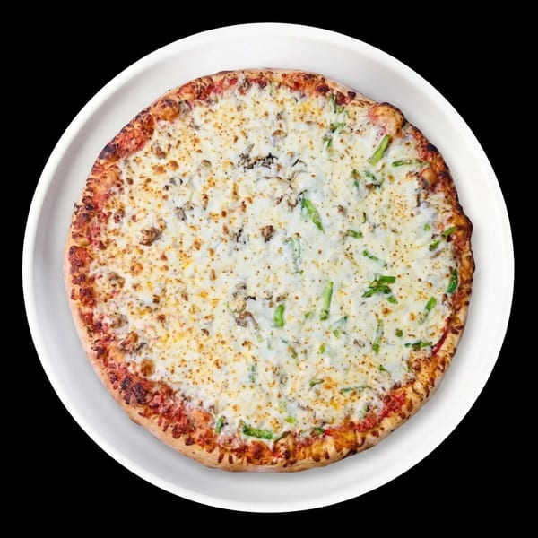 Overhead view of a whole pizza with white cheese, green peppers, and mushrooms on a white plate.