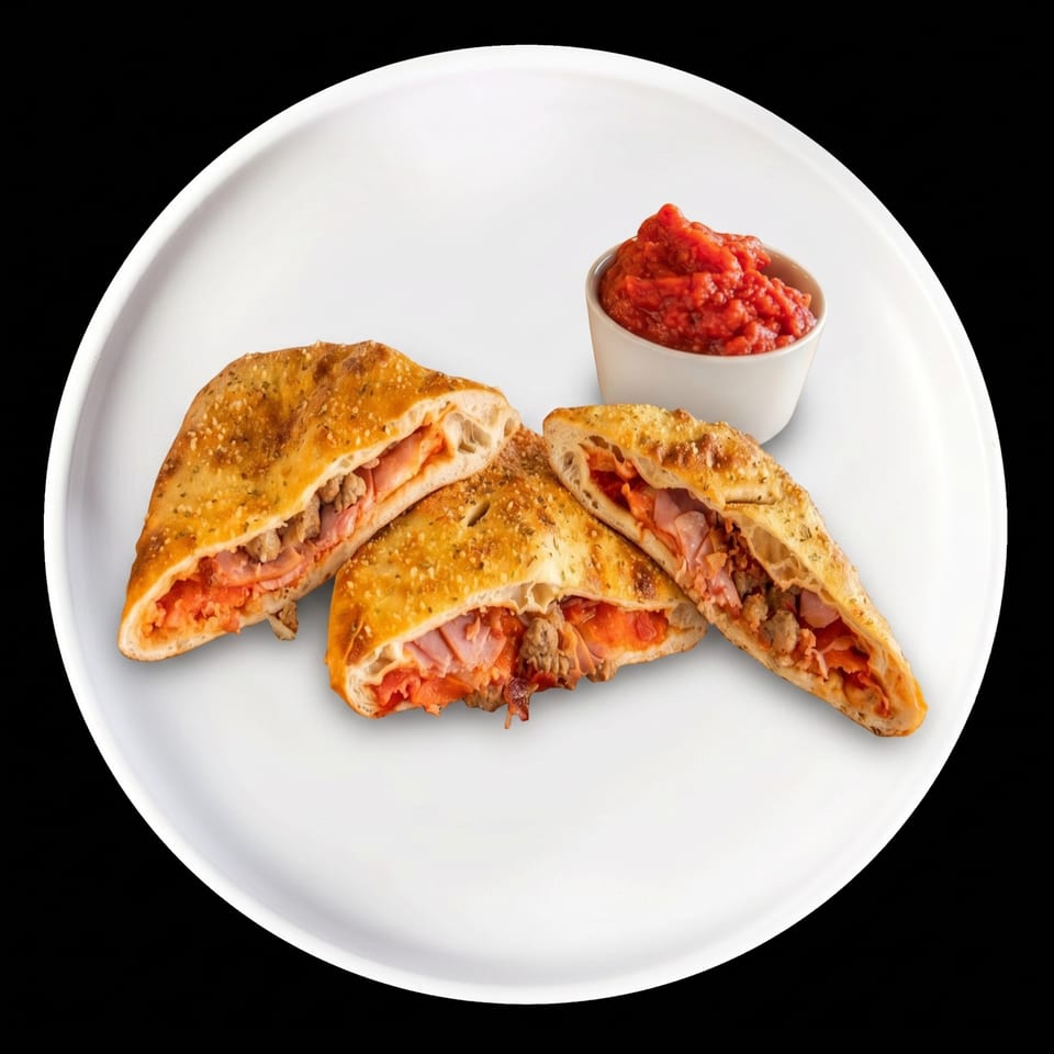 Three calzones filled with ham and sausage, served with a side of marinara sauce on a white plate.