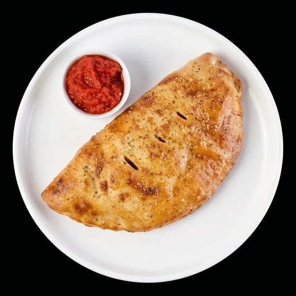 Golden-brown calzone with herbs and cheese, served with a side of red marinara sauce on a white plate.