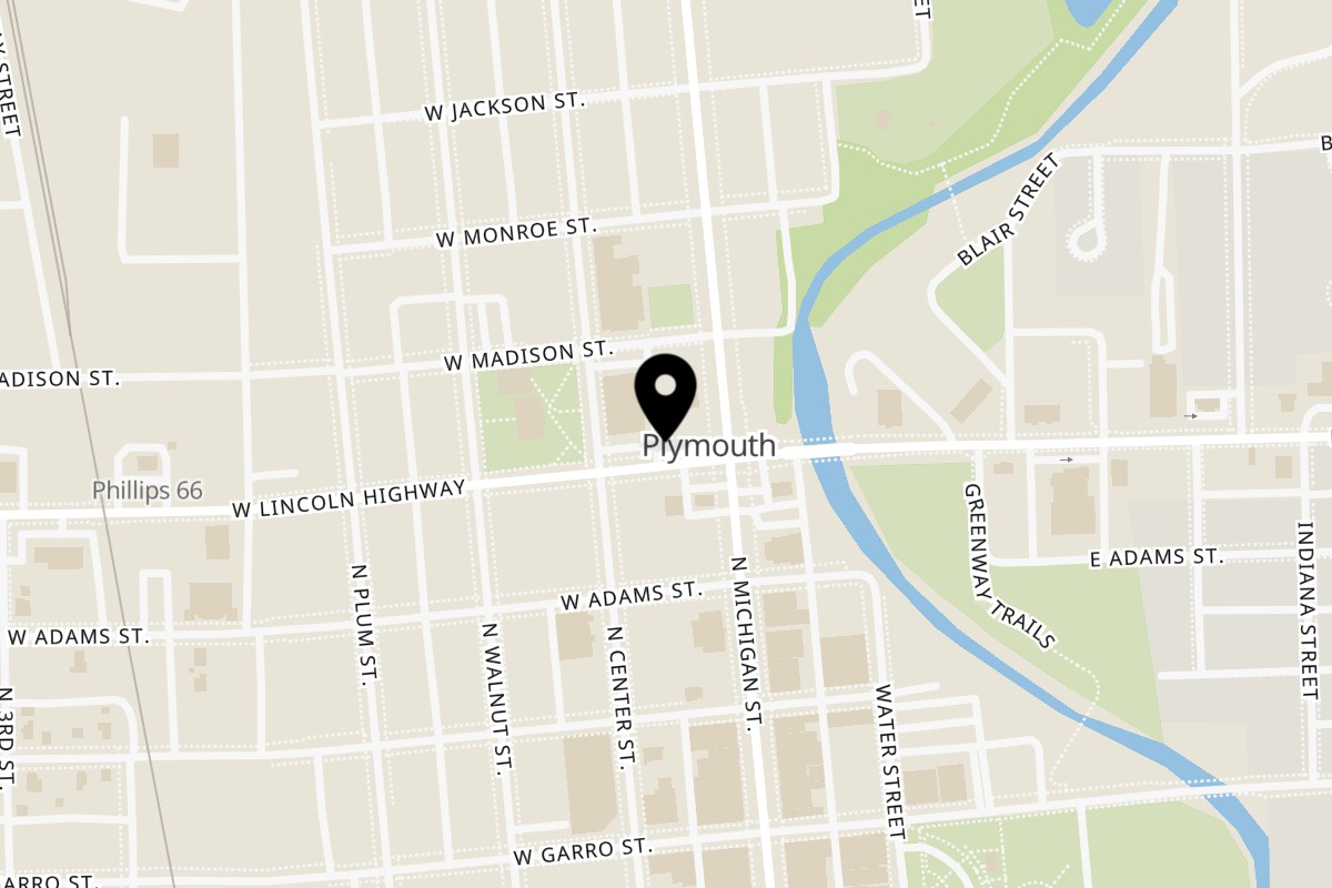 Map showing the location of Bruno's Pizza Plymouth on 501 N Michigan St in Plymouth